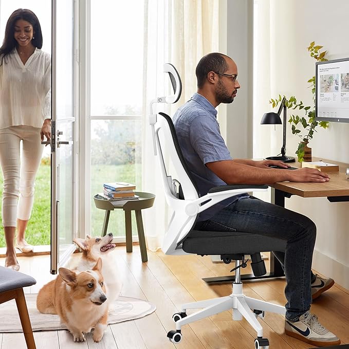 350 LBS Ergonomic Office Computer Mesh Chair - Adjustable Height Rolling Desk Chair with Flip-Up Armrests & High Back Support - Comfortable Swivel Task Chair for Home Office (03WHITE-Black)