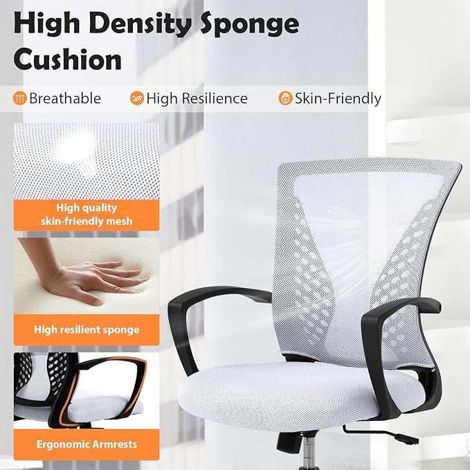 Modern Office Chair - Breathable Mesh Ergonomic Chair with Adjustable Lumbar Support, Mid Back Computer Chair for Home Office, Minimalist Design & Easy Assembly (White)
