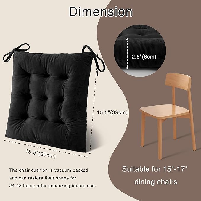 OVOV 1 Pack Chair Cushions for Dining Chairs Soft Seat Cushions for Kitchen Desk Chairs Square Chair Pads with Ties (15.5"x15.5" Black)