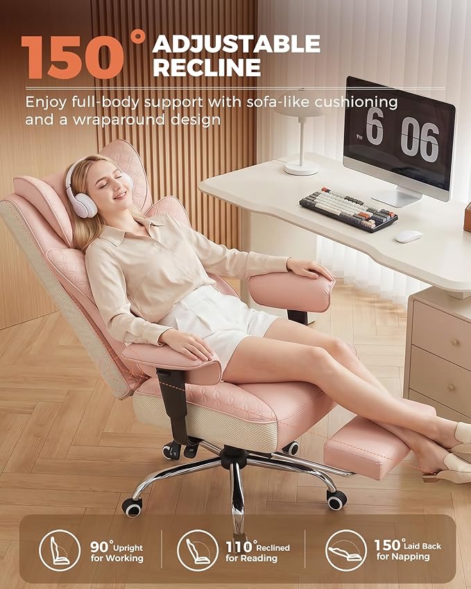 GTPLAYER Big and Tall Office Chair, Wide Ergonomic Gaming Chair with Deluxe Embossing Designed Leather with Foot Rest,150°Reclining Adjustable Soft Armrests Pocket Spring Back Support and Pillow
