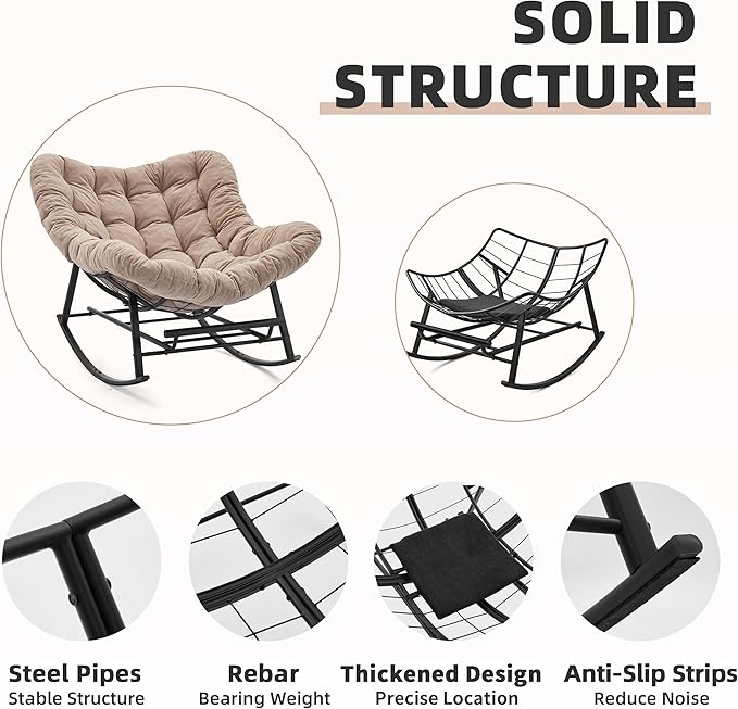 Oversized Rocking Chair Indoor with Foot Rest, Papasan Rocking Chair Outdoor, Lounge Chair with Cushion, Patio Egg Rocker Chairs, Comfy Reading Chairs for Living Room, Garden, Lawn, Khaki