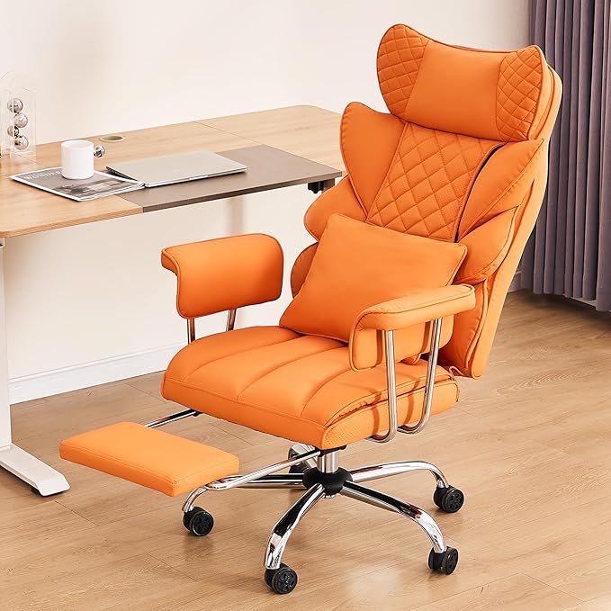 DYHOME 500 Lbs Kneading Massage Office Chair with Foot Rest, Ergonomic Reclining Home Computer Chair, High Back Thick Cushion Big & Tall Office Chair, Comfy Leather Heavy Duty Executive Chair, Orange