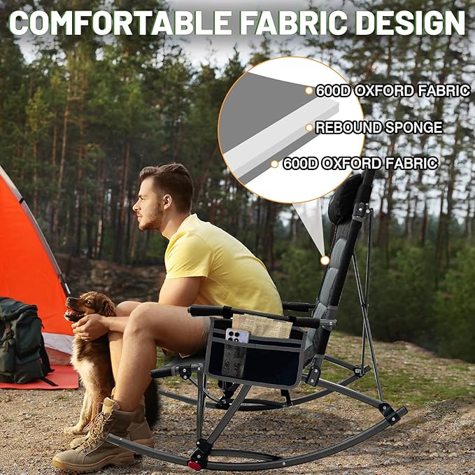 13.8" High Seat Rocking Camping Chair Outdoor with Foot Rest & Headrest, Oversized Folding Rocker Chair with Carry Bag for Lawn Patio Supports 300 lbs