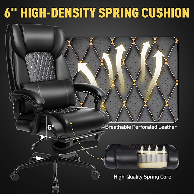 3D Kneading Massage Office Chair with Heat, 500 lbs Big and Tall Executive Computer Desk Recliner, Leather Electric Heated Chair with Footrest, Black