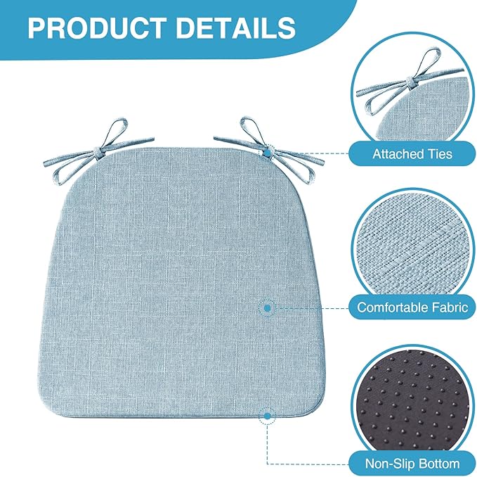IASEAHK Chair Cushions for Dining Chairs Set of 4, Non Slip Kitchen Chair Pads, 17" x 16" x 2", Indoor Dining Chair Cushions with Ties, D-Shaped Seat Cushions for Kitchen Chairs, Light Blue