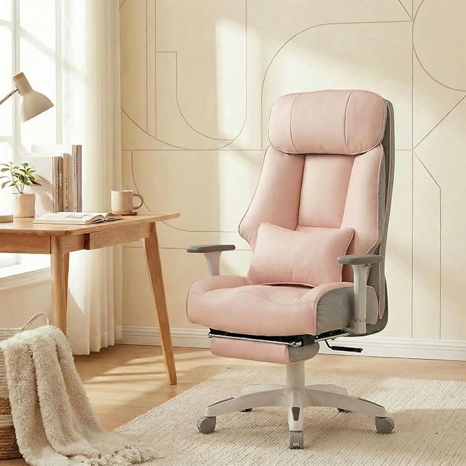 Big and Tall Office Chair 400lbs, Premium PU Leather Executive Chair with Extra Wide Saddle Seat for Cross Legged, 3D Armrests, Footrest, Heavy Duty Ergonomic Reclining Desk Chair (Pink)