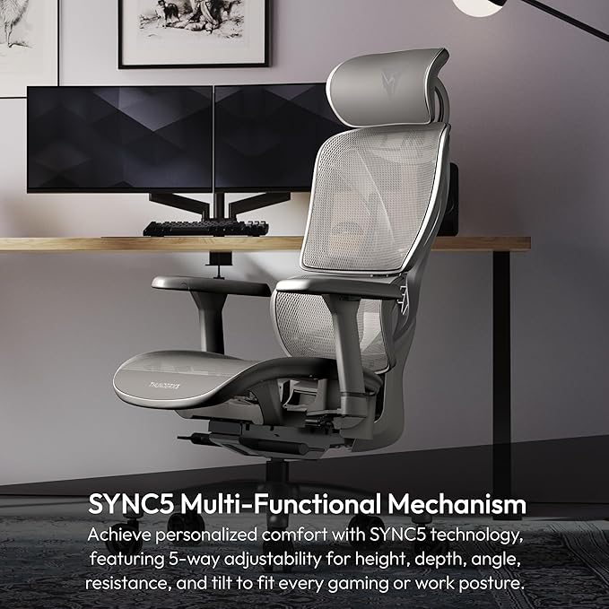 ThunderX3 XTC Ergonomic Office Chair, for Adults Gaming Chair, High Back Desk Chair, Synchronous Tilt, Self-Adjusting Lumbar Support and Backrest, Adjustable Headrest, Breathable Mesh, Grey