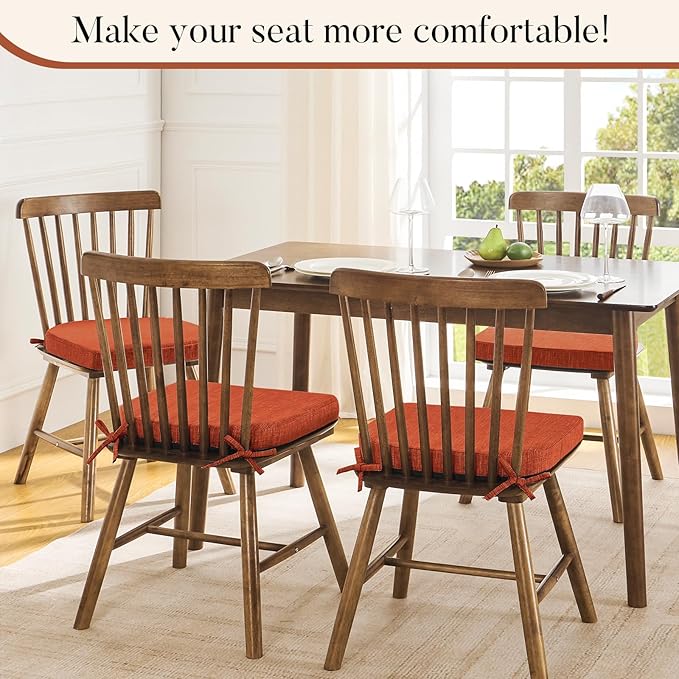 Basic Beyond Chair Cushions for Dining Chairs 4 Pack, Kitchen Chair Cushions with Ties and Non Slip Backing, 16 x 16 inches Chair Pads for Dining Chairs (Orange)