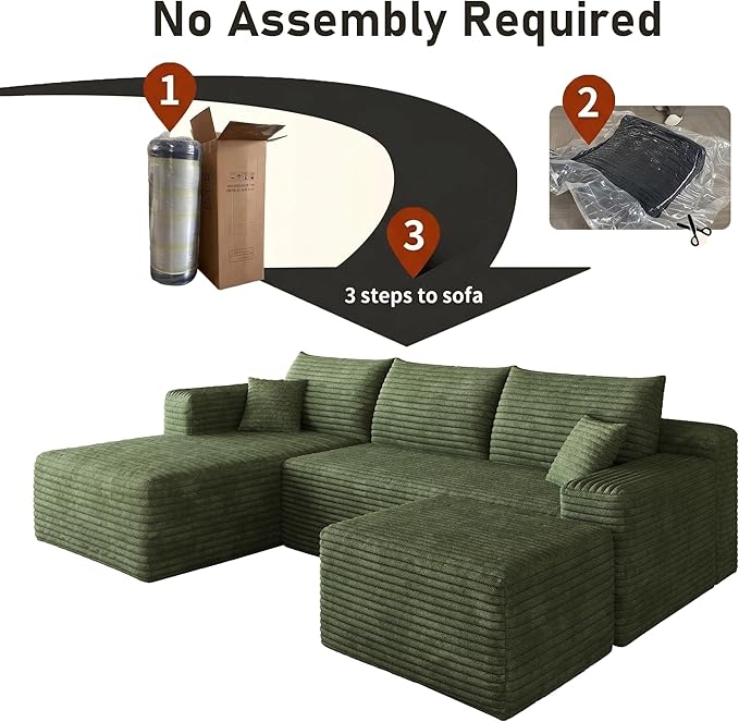 94" Green Fluffy Couch with Ottoman for Living Room, Corduroy No Bones Sectional Couch,Compressed Memory Foam Cloud Sofa,No Assembly Required,Left Facing Chaise,Green
