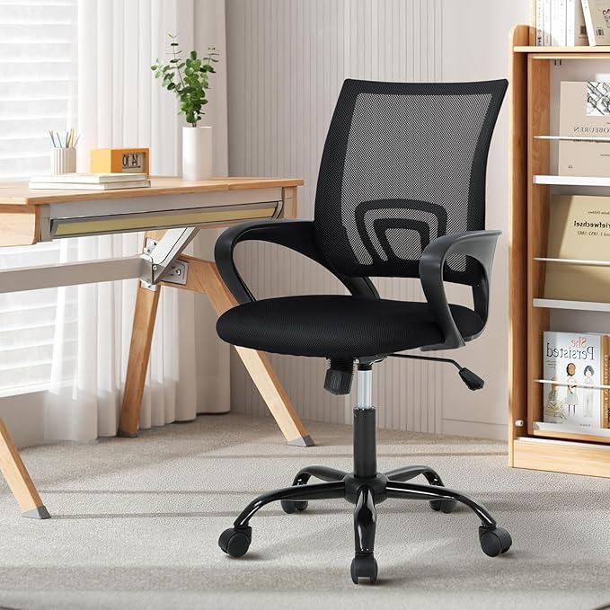Ergonomic Office Chair Mesh Mid Back with Lumbar Support Armrest, Adjustable Home Desk Chair Comfy Computer Task Drafting Rolling Swivel Chairs for Gaming, Home Work, Study, Black