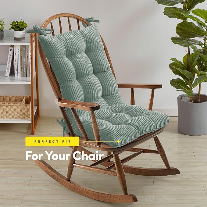 Rocking Chair Cushion Premium Tufted Pads Non Skid Slip Backed Crushed Velvet Cover Set of Upper and Lower with Ties, 21 in x 17 in | 17 in x 17 in, Velvet Mint