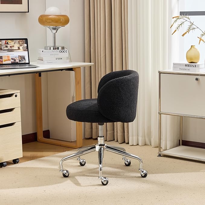 VINGLI Cute Small Swivel Desk Chair Comfy with Wheels,Ergonomic Low-Back Lumbar Support Vanity Nail Tech Rolling Task Stool Chair for Home Office,Height Adjustable,Teddy Fleece,Black