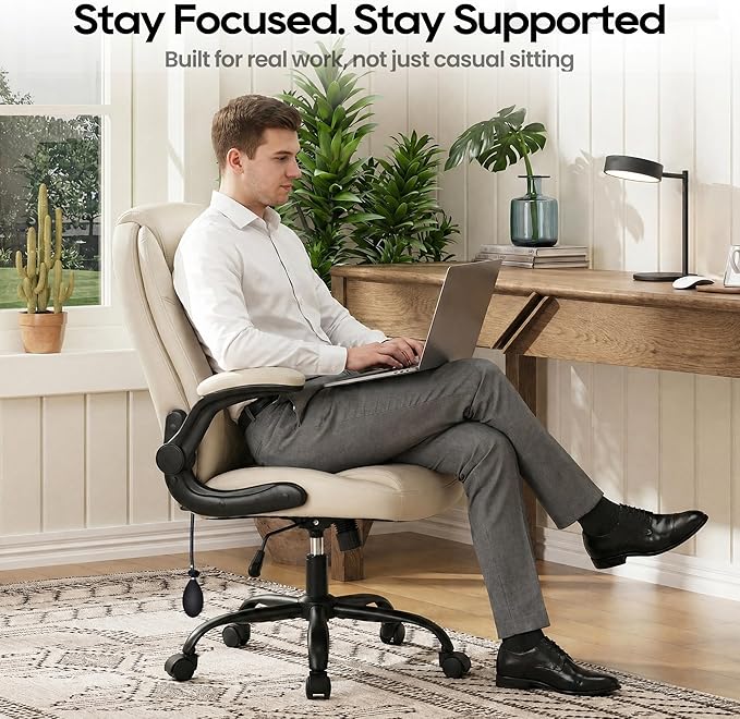 MALOL Leather Office Chair, Home Desk Chair with Adjustable Lumbar Support, Thick Cushion, Flip-Up Arms and Ergonomic Back, Comfy Executive Office Chair for Home Office,Beige