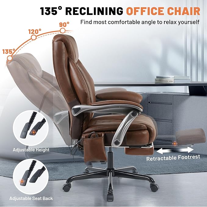 Massage Office Chair with Heat & Foot Rest, 6 Points Vibration, Ergonomic Executive Reclining Desk Chair, PU Leather Padded Seat for Home Office Comfort