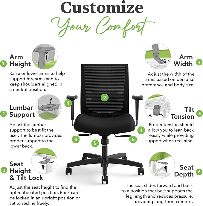 HON Convergence Ergonomic Office Chair with Mesh Back, Adjustable Arms, Lumbar Support, Synchro‑Tilt Desk Chair with Wheels for Home Office or Computer Use, Black Frame, Indigo