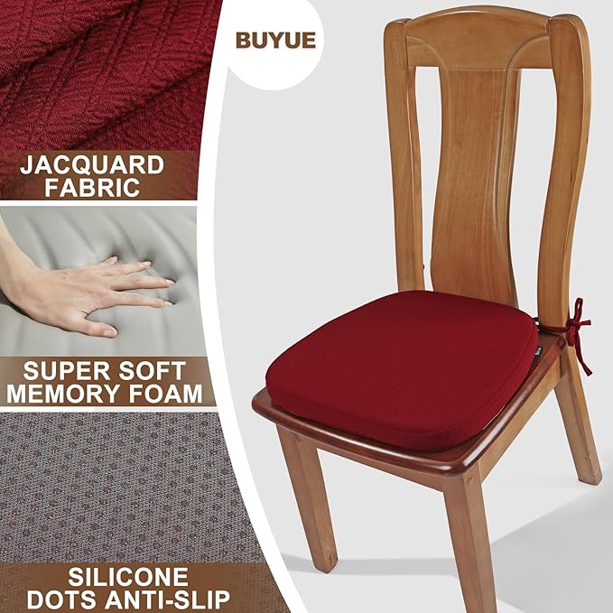 BUYUE Luxury 100% Pure Memory Foam Chair Cushions 4 Pack, Jacquard 16" U-Shape Comfortable Dining Chair Pads, Removable Slip Resistant Kitchen Chair Seat Cushions, (Set of 4, Burgundy)