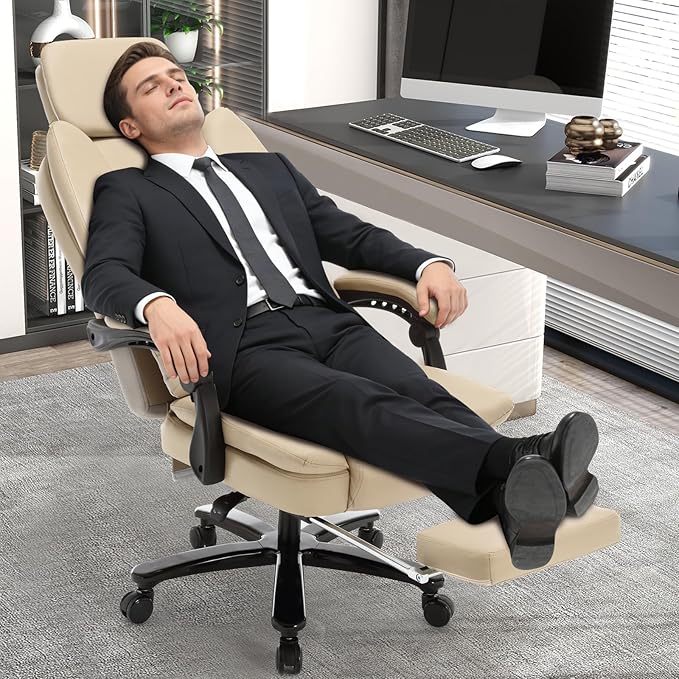 500lbs Plus Size Office Chair with Lumbar Support, PU Leather Big and Tall Heavy Duty Reclining Office Desk Chair with Foot Rest,Beige