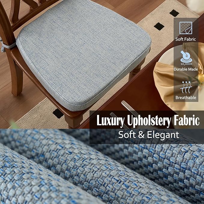 2'' Thick High-Density Foam Indoor Chair Cushions | Dining Chair Pads with Ties, Removable Washable Cover, Kitchen Chair Cushions 17"x16", Silver Blue 6 Pack