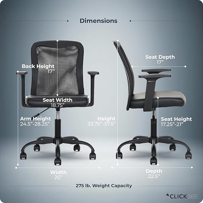 AeroCore M110 Ergonomic Mesh Office Chair, Mid-Back Desk Chair with Lumbar Support, Adjustable Height 360 Swivel, Rolling Wheels, Padded Seat, Small Space Home Office, 275 lb Capacity, Black