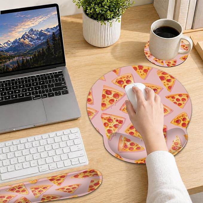 Ergonomic Memory Foam Wrist Rest Set for Keyboard and Mouse,Cute Pizza Supportive Mouse Pad with Non Slip Base for Office Work and Gaming