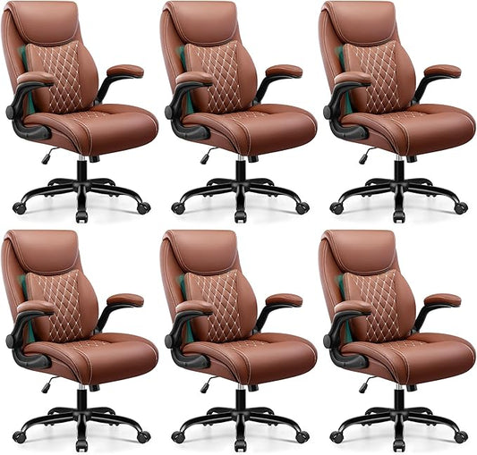 BESTFAIR Office Chair, Ergonomic Computer Desk Chairs with Lumbar Support for Lower Back Pain Relief, Executive Leather Home Chair Comfy with Padded Flip-up Armrests, Brown, 6-Pack