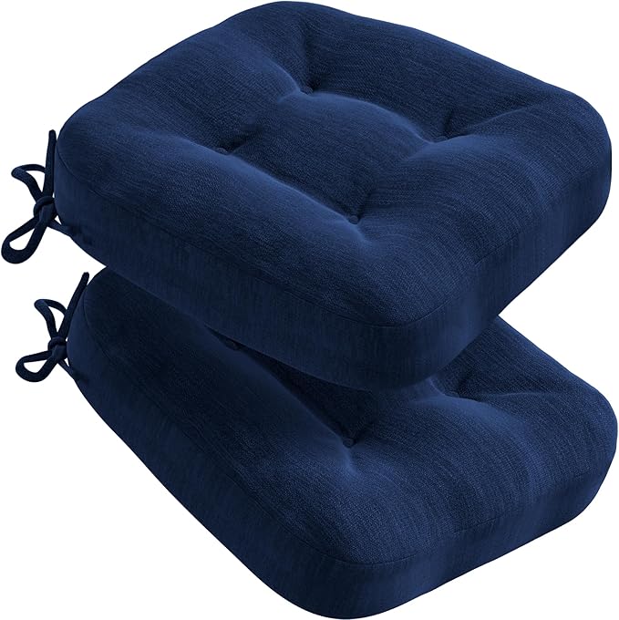 Codi Dining Chair Cushions 2 Pack, Thick Chairs Pads for Indoor Kitchen Room - Washable, Non-Slip Memory Foam Seat Cushion with Ties, 16.5"x16.5"x 3.5", Set of 2, Navy New