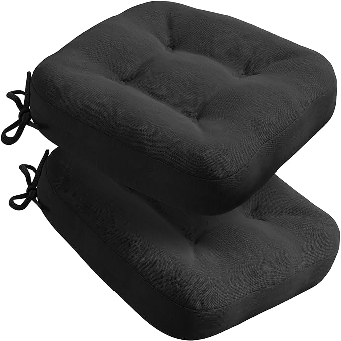 Codi Dining Chair Cushions 2 Pack, Thick Chairs Pads for Indoor Kitchen Room - Washable, Non-Slip Memory Foam Seat Cushion with Ties, 16.5"x16.5"x 3.5", Set of 2, Black New