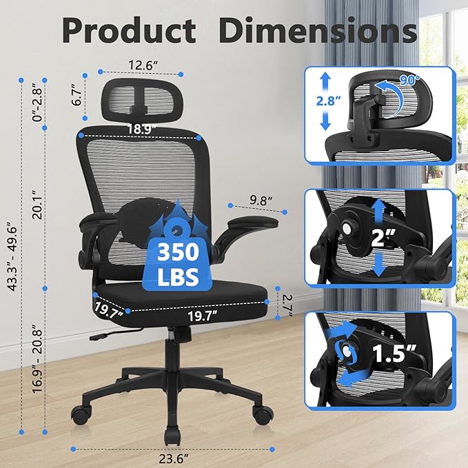 KLASIKA Desk Chairs with Wheels, Ergonomic Mesh Back Home Office Chair with Headrest, Adjustable Lumbar Support Swivel Rolling Computer Chairs Flip Up Arms for Conference Meeting Room, Black, 10PK