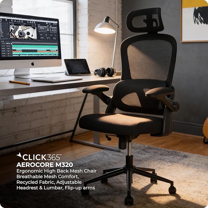 AeroCore M320 Ergonomic Office Chair, High Back Breathable Mesh Computer Chair with Lumbar Support, Adjustable Headrest & Tilt, Flip-Up Arms, 360° Swivel Home Office Desk Chair, Black