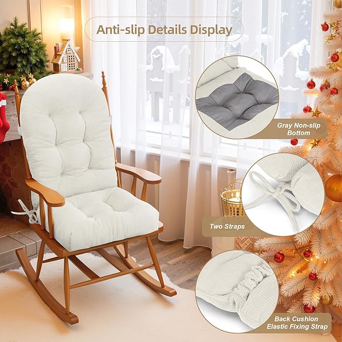 Rocking Chair Cushion - Plaid Corduroy Fabric, High-Density Sponge, Durable Comfort Non-Slip Bottom Tufted Seat Pads with Ties, Plaid Corduroy︱White, 44x19x4 inch