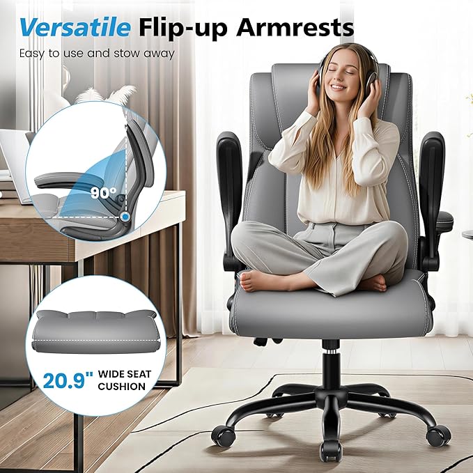Ergonomic Office Chair – High Back Computer Desk Chair with Inflatable Lumbar Support & Flip-Up Arms, Heavy Duty PU Leather Executive Chair, Wide Seat, Long Hours, Light Gray