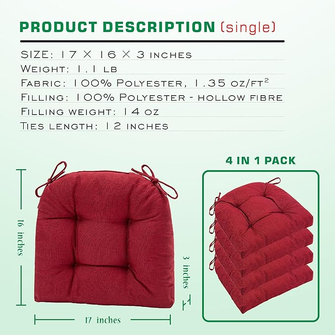 SQUARE MOON Chair Cushions for Dining Chairs, 3 Inch Thick Comfortable Kitchen Chair Pads, Dining Room Seat Cushions with Ties, Machine Washable, 17" x 16" x 3", 4/Pack, Wine Red
