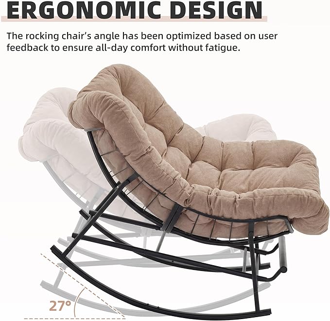 Oversized Rocking Chair Indoor with Foot Rest, Papasan Rocking Chair Outdoor, Lounge Chair with Cushion, Patio Egg Rocker Chairs, Comfy Reading Chairs for Living Room, Garden, Lawn, Khaki