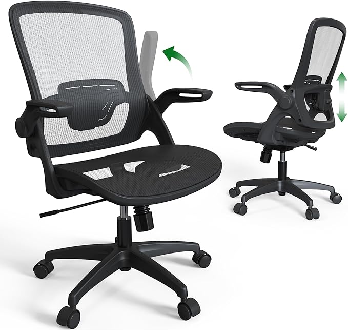 Mesh Seat Home Office Desk Computer Chair, Black, Height Adjustable Back Support with Flip Up Arms, Swivel Wheels for Adult