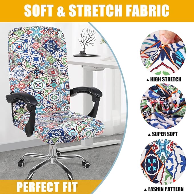 Smiry Stretch Printed Office Computer Chair Covers, Universal Desk Rotating Chair Slipcovers Removable Washable, Soft Fit Anti-Dust Spandex Protector Cover with Zipper, Colorful