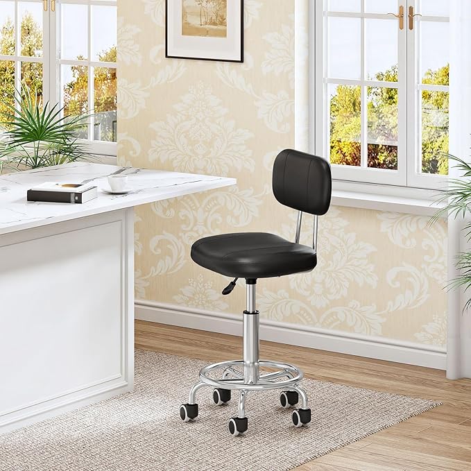 HOOBRO Height Adjustable Rolling Stool, 360° Swivel Drafting Chair with Backrest, Office Desk Chair PU Leather for Salon Barber, Shop Bar, Black and Silver SB36BY01