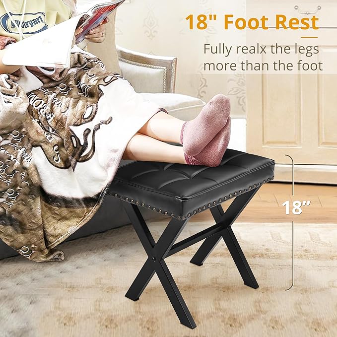 LUE BONA Vanity Stool - Square Faux Leather Makeup Seat With Metal X Legs, Small Ottoman Chair for Makeup Room, Living Room - Modern Padded Foot Rest, Black