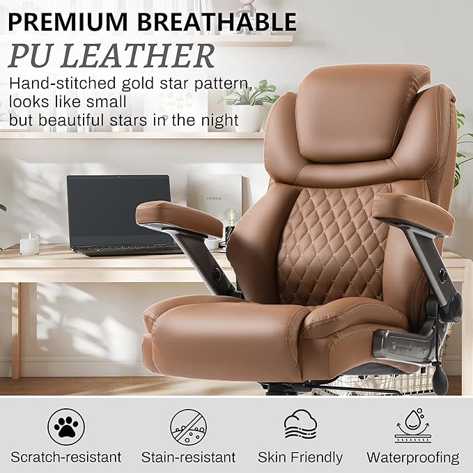 Big and Tall Office Chair 750lbs, Executive Office Chair with Adjustable Headrest&Lumbar Airbag Support, PU Leather High Back Heavy Duty Desk Chair 5D Flip Arms, Ergonomic Thick Spring Cushion, Brown