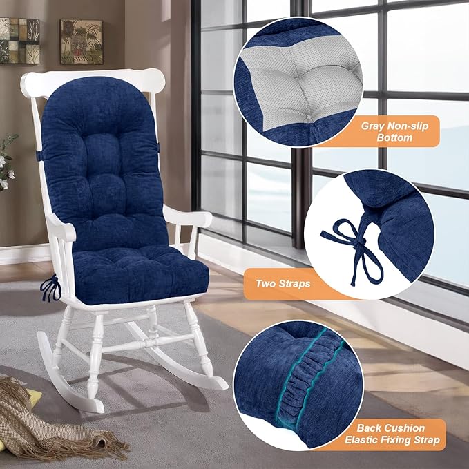 Rocking Chair Cushion - Chenille Fabric, High-Density Sponge, Durable Comfort Non-Slip Bottom Tufted Seat Pads with Ties, Chenille︱Dark Blue, 44x19x4 inch