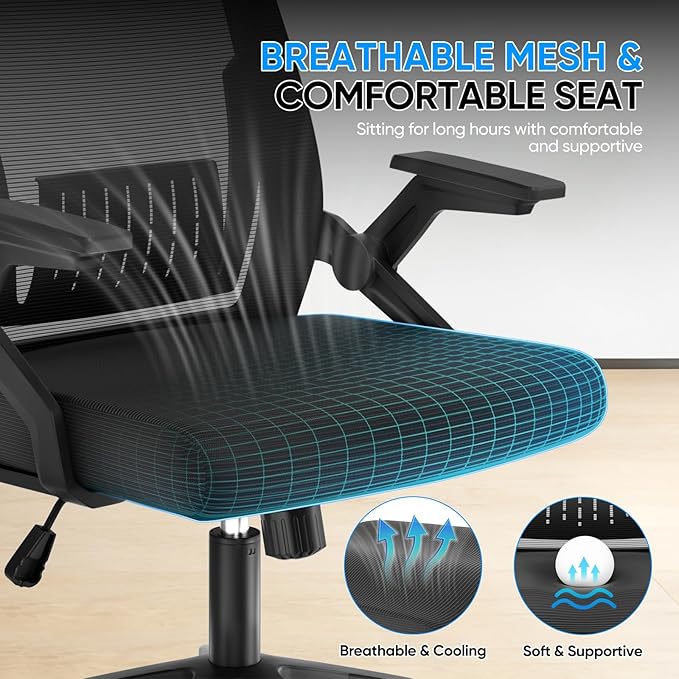 MoNiBloom Mid Back Mesh Office Chair with Flip-Up & Sliding Armrests, 18–22" Adjustable Seat Height, Ergonomic Desk Chair with Rocking Function, for Home Office, Black
