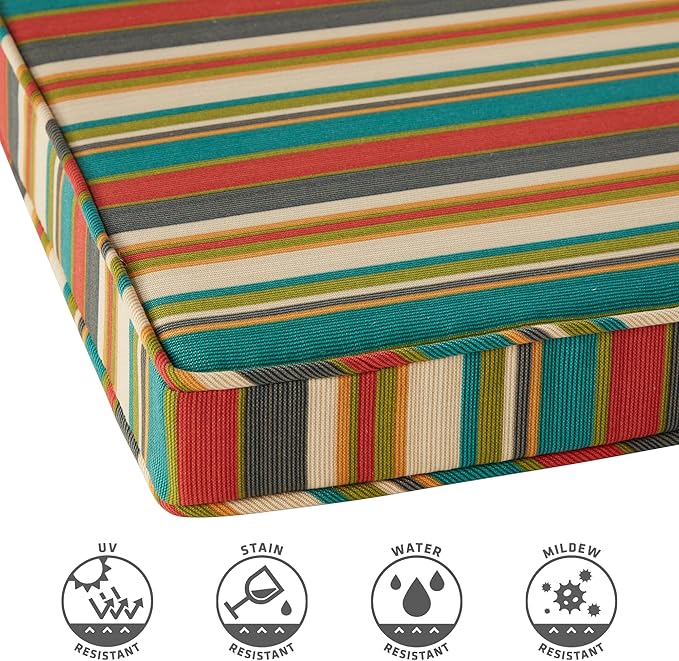 Outdoor 18 inch Square Patio Dining Chair Pads – Comfortable Fiber-Filled Seat Cushions with Ties, Reversible Polyester Fabric - Sunset Stripe - Updated, Set of 2