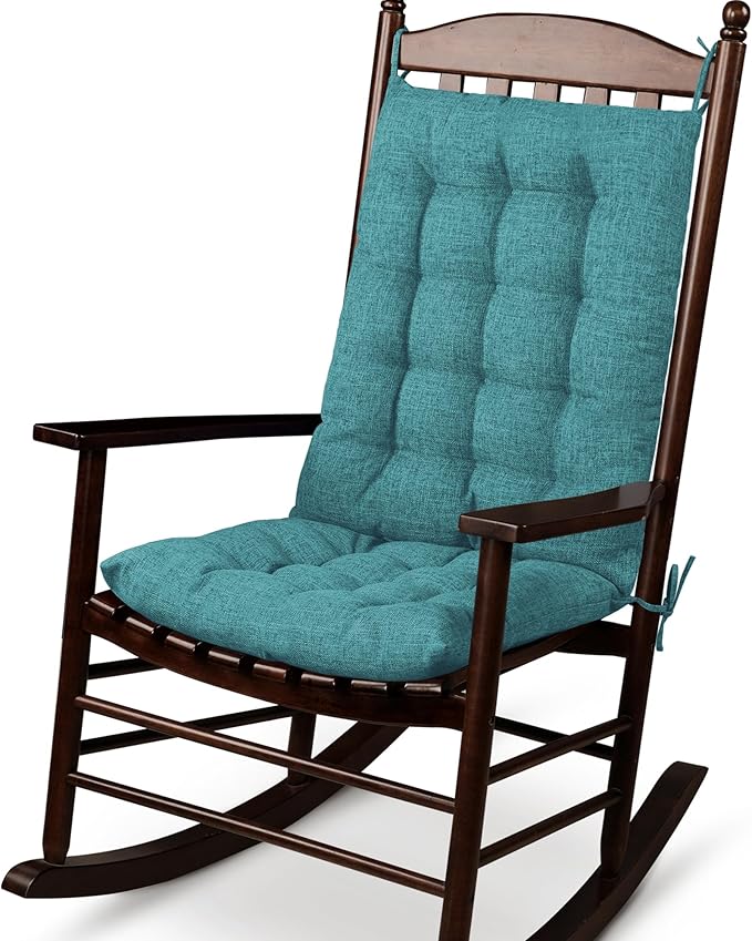 ELFJOY Rocking Chair Cushion Large Rocking Chair Pads with Ties Premium Linen High Back and Seat Cushion 2 Piece Set Linen Retro Blue