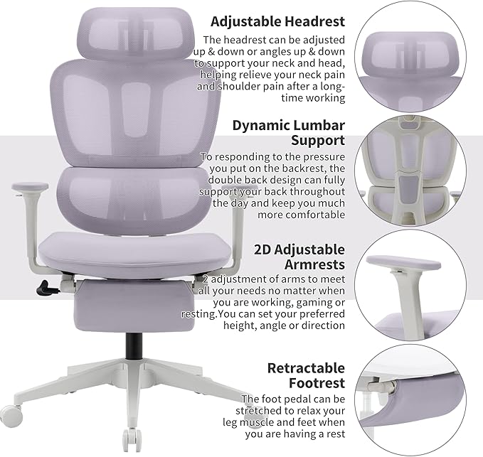 Ergonomic Office Chair with Footrest, 90-135° Reclining High Back Desk Chair with Lumbar Support, 2D Headrest, 2D Armrests, Computer Chair for Long Hours, Purple