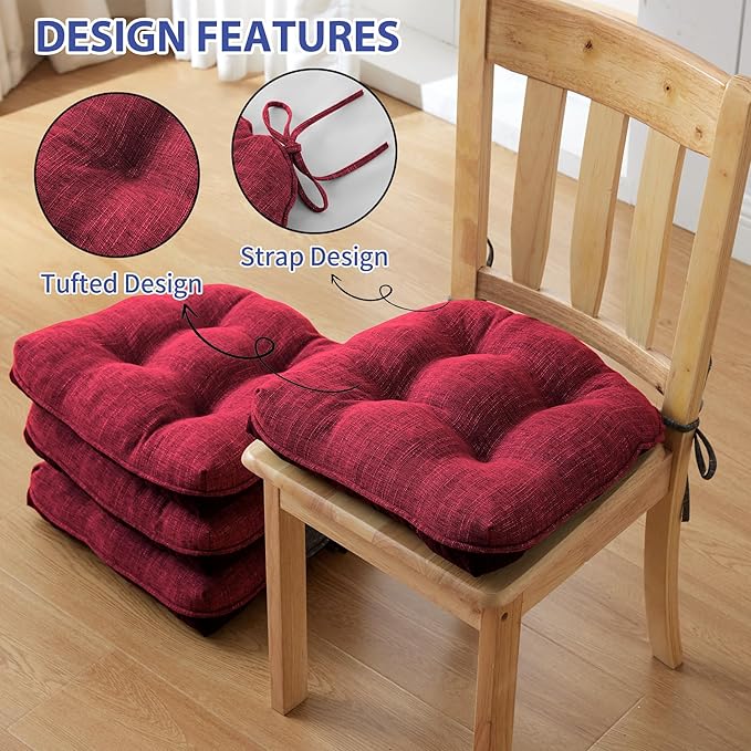 IPYNBAP Chair Cushions for Dining Chairs Set of 4, Red Kitchen Chair Cushions, Chair Pads with Ties and Non Slip Backing, Christmas Room Decor, Tufted Memory Foam Seat Cushion 4 Pack, 18"x18"x4"