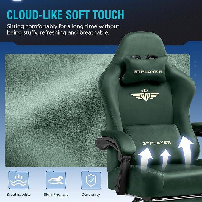 GTPLAYER Gaming Chair Fabric with Pocket Spring Cushion, Big and Tall Gamings Chairs 350LBS High Back Computer Chair with Footrest for Adults Lumbar Support Swivel Game Chair for Office Gaming Green