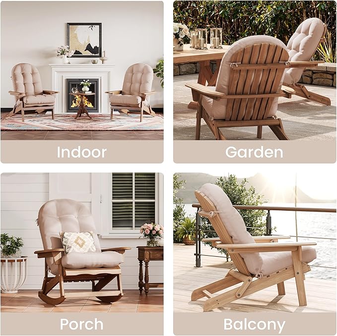 UDPATIO Adirondack Chair Cushion Set of 2 with Ties, Fade-Resistant High Back Outdoor Seat Cushions for Patio, Deck, Porch, Rocking Chairs & Lawn Furniture (Upper & Lower Lumbar Support)，Light Beige