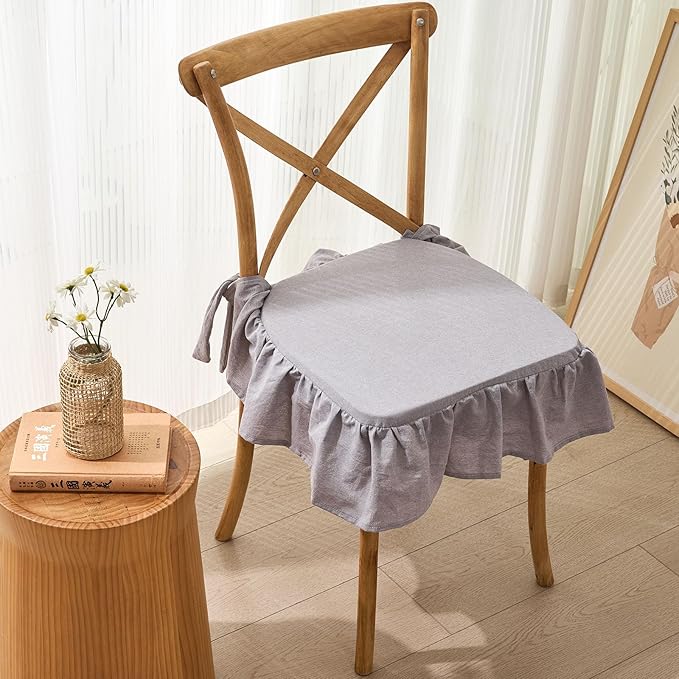 vctops Cotton Ruffled Chair Cushion for Kitchen Dining Room Chairs Farmhouse Neutral Thin Seat Cushion Soft Foam Non Slip Chair Pad with Removable Cover (Light Grey,16"x16")