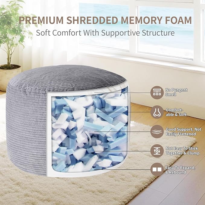 26" x 26" x 22" Large Stuffed Pouf Ottoman, Round Foot Rest with Odorless Filling, Soft & Cozy Corduroy Foot Stool for Living Room, Bedroom, Office, Room Decoration (Dark Grey)