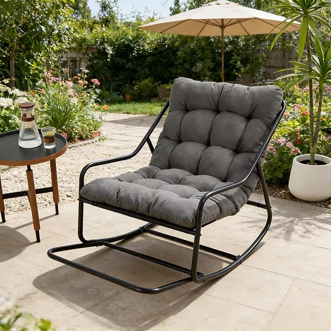 Rocking Chair with Foot Rest, Outdoor Indoor Rocking Lounge Chair with Cushion, Comfortable Patio Rocker Chairs for Patio, Porch, Garden, Living Room, Reading, Metal Frame, Grey