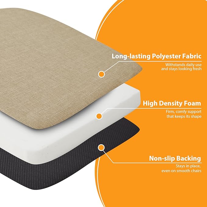 Ruqmuis Chair Cushions for Dining Chairs, 2" Thick Seat Cushions for Kitchen Chairs, D-Shaped Chair Pads with Washable Cover, Ties and Non Slip Backing, 17'' x 16'', Set of 6, Khaki